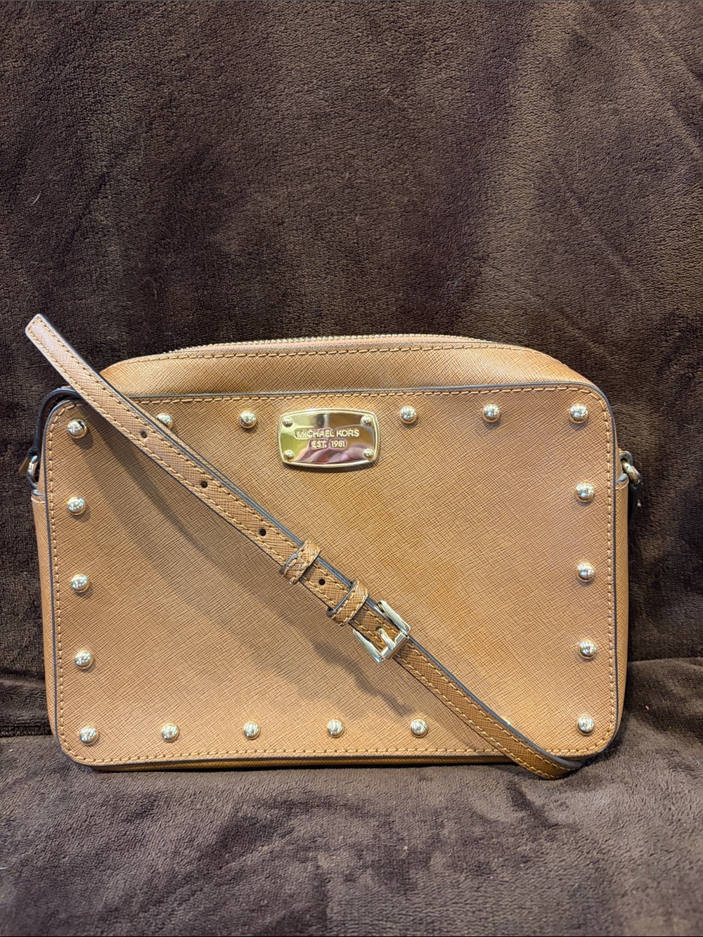 Michael Kors Tan Saffiano Leather Crossbody Bag with Stud Accents